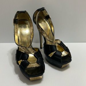 Baby Phat Platform Gold Sequin Stiletto Satin High Heels Size 9
